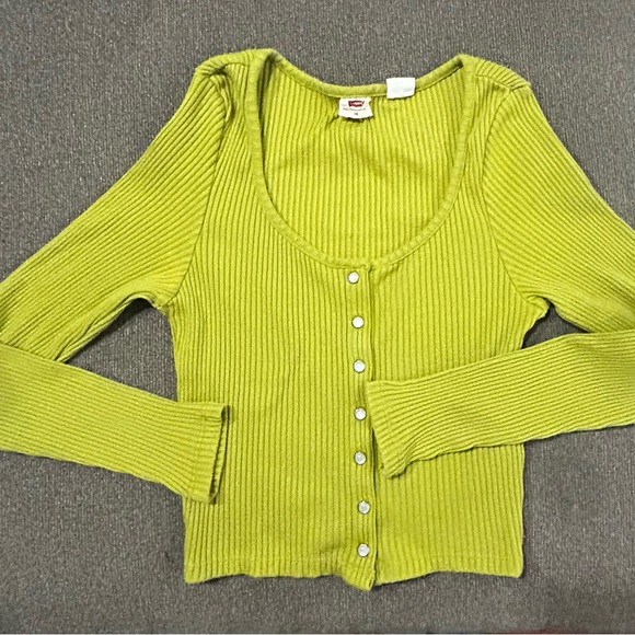 Lime Green Ribbed Button-Up Cardigan - Picture 3 of 5